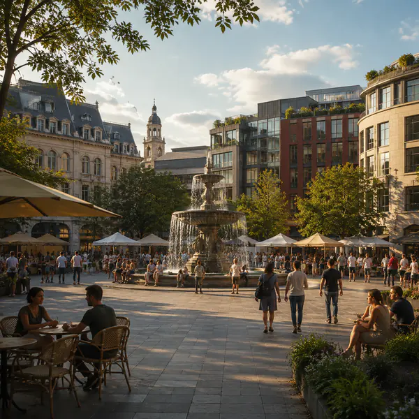 Public Square — Creates an open civic space framed by buildings and designed for meeting, events, and everyday use