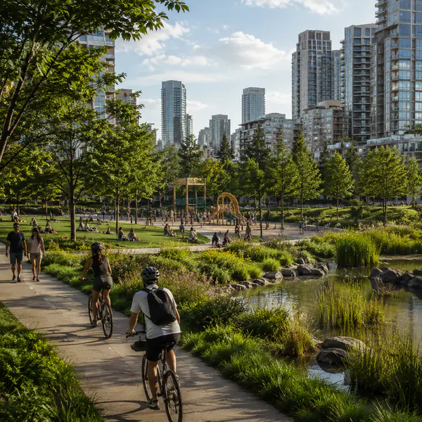 Urban Park — Introduces substantial planting, recreation, paths, and social space within a built-up city area