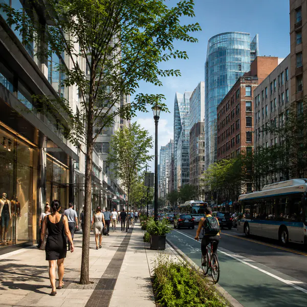 Street Level City View — Places the viewer at pedestrian height to emphasize storefronts, sidewalks, traffic, and human scale