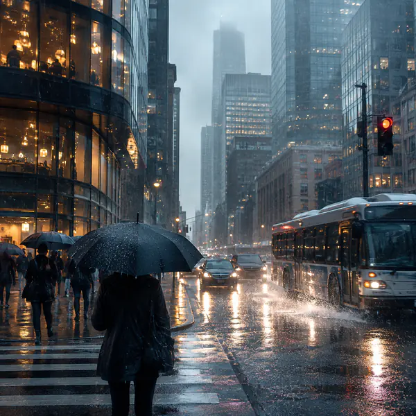 Rainy City — Shows wet streets, umbrellas, reflections, spray, overcast light, and changing urban movement