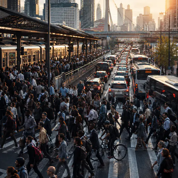 Rush Hour — Emphasizes peak-period movement through crowded transit, dense traffic, and busy pedestrian flows