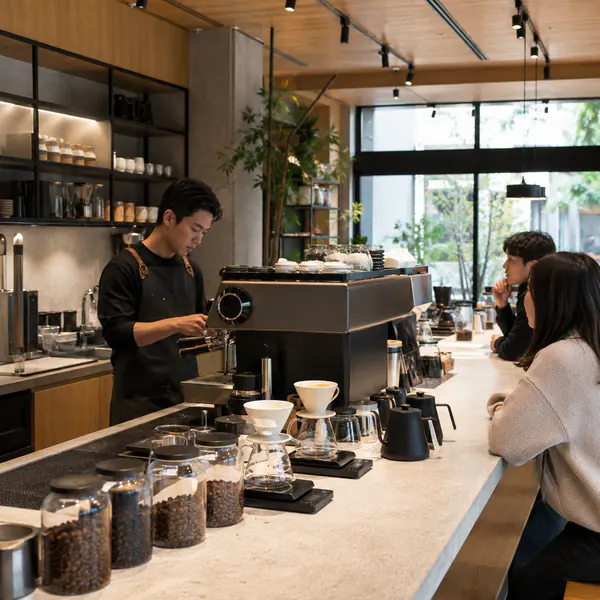 Specialty Coffee Shop — Centers the space on high-quality coffee preparation, skilled baristas, and clear brewing equipment