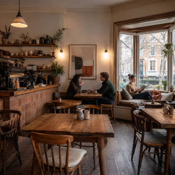 Cozy Neighborhood Cafe — Uses comfortable seating, warm light, familiar materials, and a relaxed local atmosphere