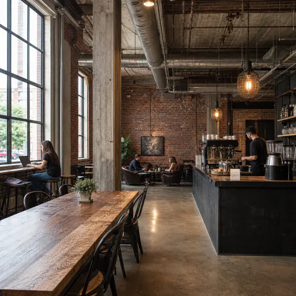 Industrial Coffee Shop — Combines exposed brick, concrete, steel, visible services, and robust communal furniture