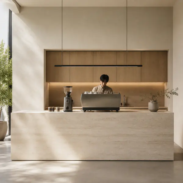 Minimalist Coffee Bar — Uses a restrained palette, precise counters, concealed storage, and minimal decoration around the service area