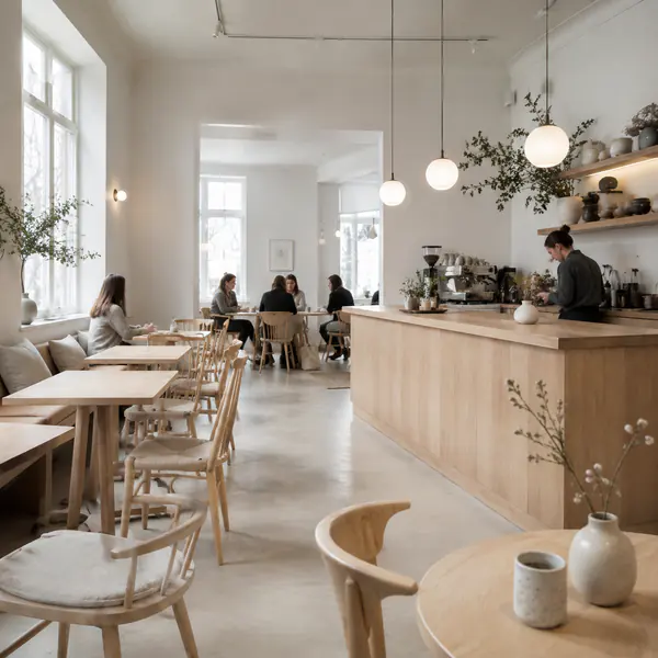Scandinavian Cafe — Pairs light wood, simple furniture, pale color, and soft daylight for an approachable modern setting