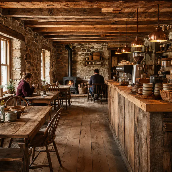 Rustic Coffee House — Uses reclaimed timber, textured masonry, handmade objects, and warm practical lighting