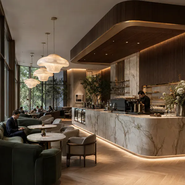 Modern Luxury Cafe — Combines refined materials, custom furniture, precise lighting, and generous spacing for an upscale experience