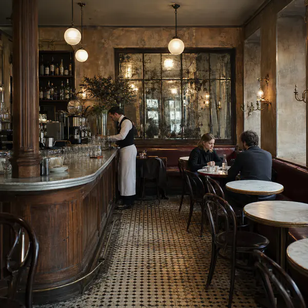 Vintage European Cafe — Uses aged mirrors, dark timber, small tables, patterned floors, and period-inspired fittings