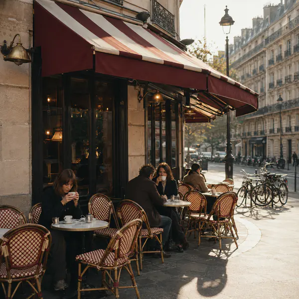 Parisian Cafe — Features compact round tables, woven bistro chairs, awnings, street-facing seating, and classic details
