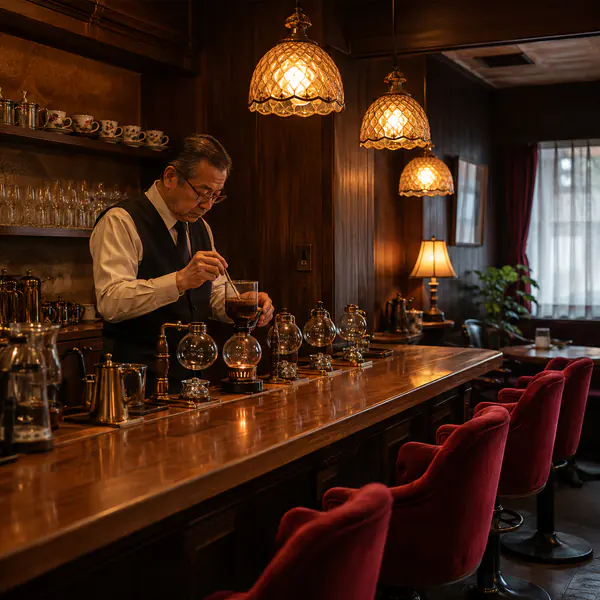 Japanese Kissaten — Evokes a traditional Japanese coffee room with dark wood, careful brewing, quiet seating, and subdued light