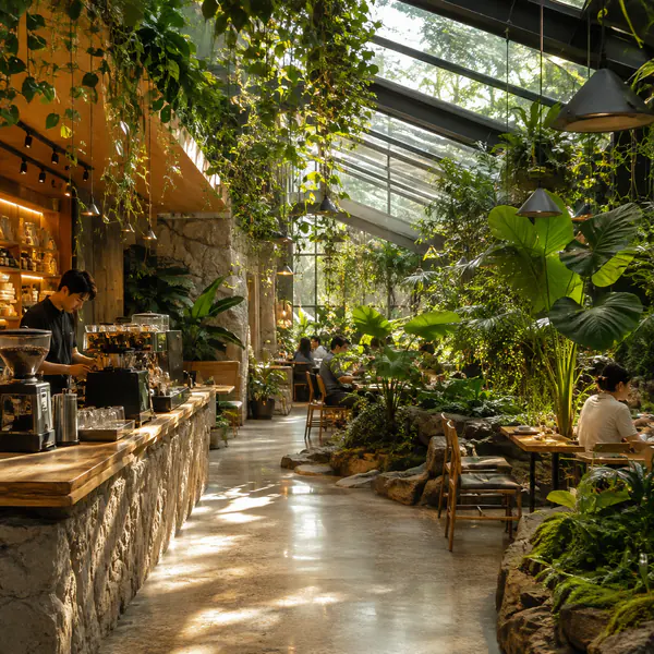 Plant Filled Cafe — Integrates abundant indoor planting around seating, counters, windows, and overhead structures