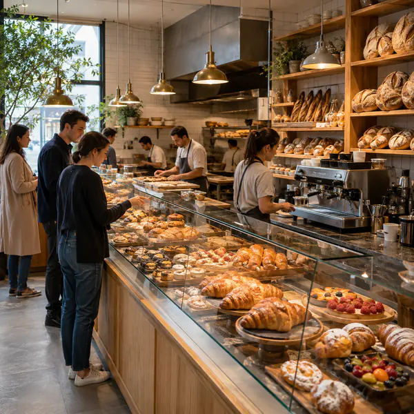 Bakery Cafe — Combines coffee service with visible bread and pastry display, baking cues, and casual dining