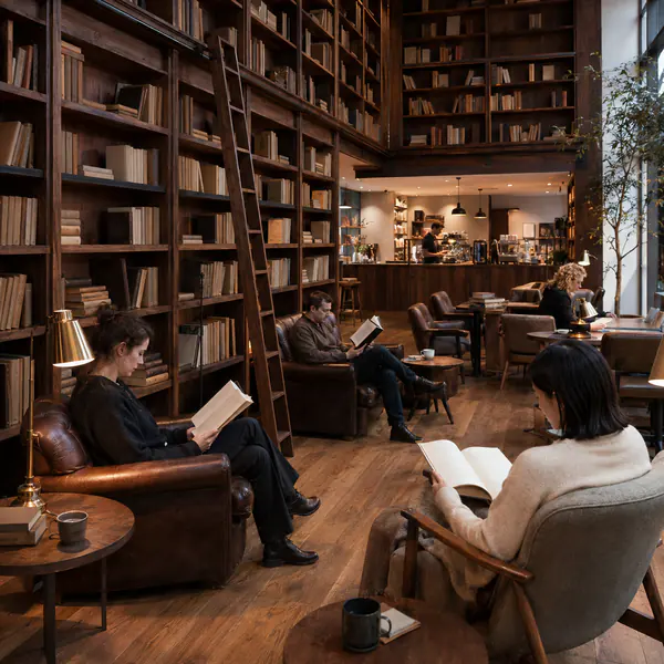 Book Cafe — Combines coffee seating with bookshelves, reading corners, quiet acoustics, and focused task lighting