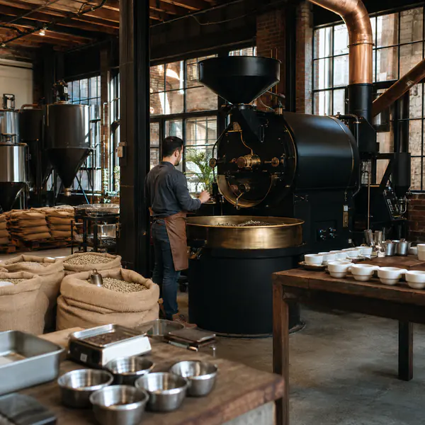 Coffee Roastery — Makes coffee production visible through roasting equipment, green-bean storage, and industrial preparation areas