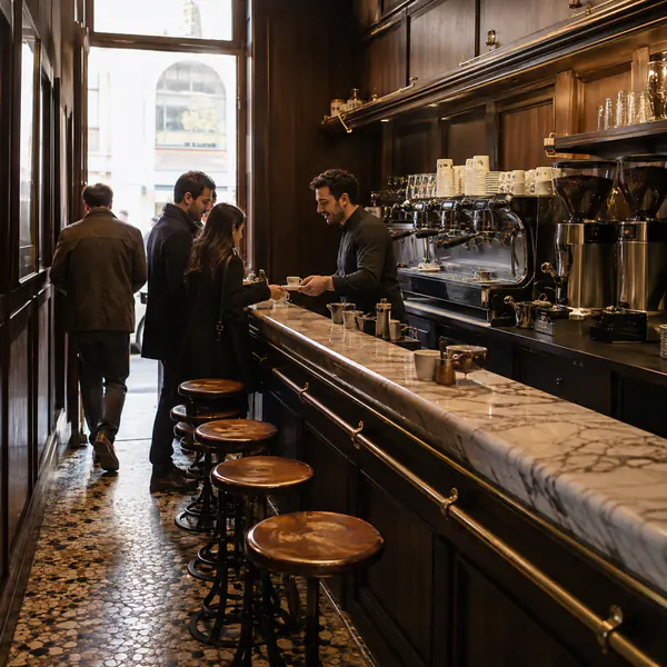 Espresso Bar — Organizes a compact service counter around fast espresso preparation and short customer visits