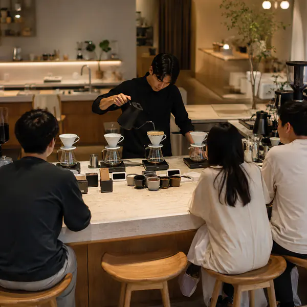 Open Brew Bar — Places manual brewing directly in front of guests so equipment and preparation remain visible