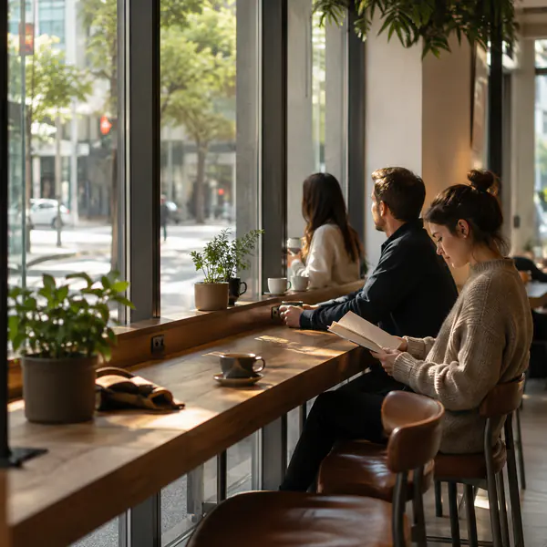 Window Seating — Uses a counter, bench, or small tables directly beside glazing for daylight and street views