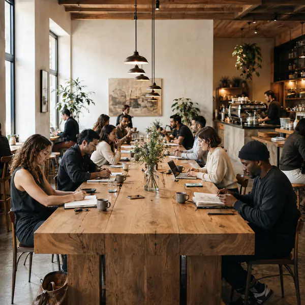 Communal Table — Uses one large shared table to support groups, casual interaction, and flexible seating