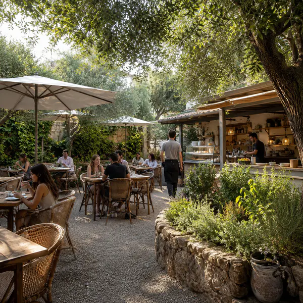 Outdoor Terrace Cafe — Extends cafe seating outdoors with shade, planting, weather-resistant furniture, and street or garden views