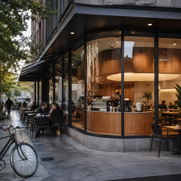 Street Corner Cafe — Occupies a visible urban corner with glazing or outdoor seats facing two streets