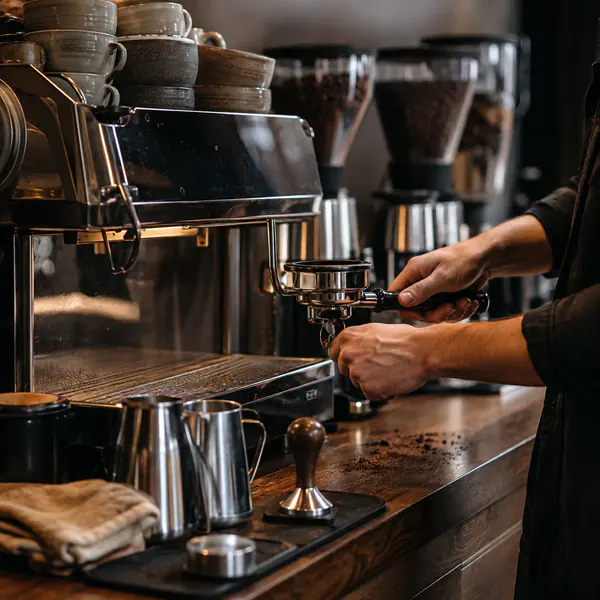 Coffee Counter Close Up — Frames the service counter tightly to emphasize equipment, cups, materials, and barista activity