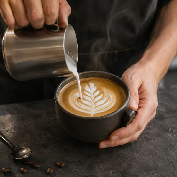 Latte Art Scene — Focuses on freshly poured milk patterns, cup texture, steam, and careful coffee presentation