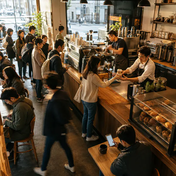 Morning Rush — Shows active service, arriving customers, takeaway cups, and fast movement during the busy morning period