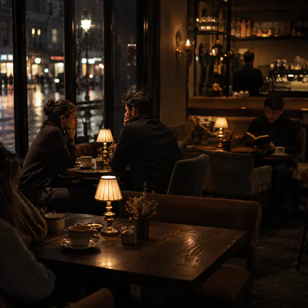 Evening Cafe Ambience — Uses warm practical light, darker windows, intimate seating, and slower activity after sunset