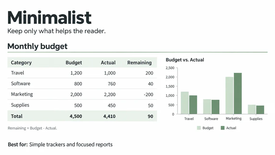 Minimalist spreadsheet design reference with example worksheet content.