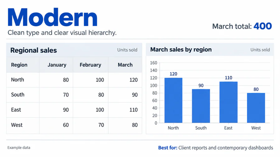 Modern spreadsheet design reference with example worksheet content.