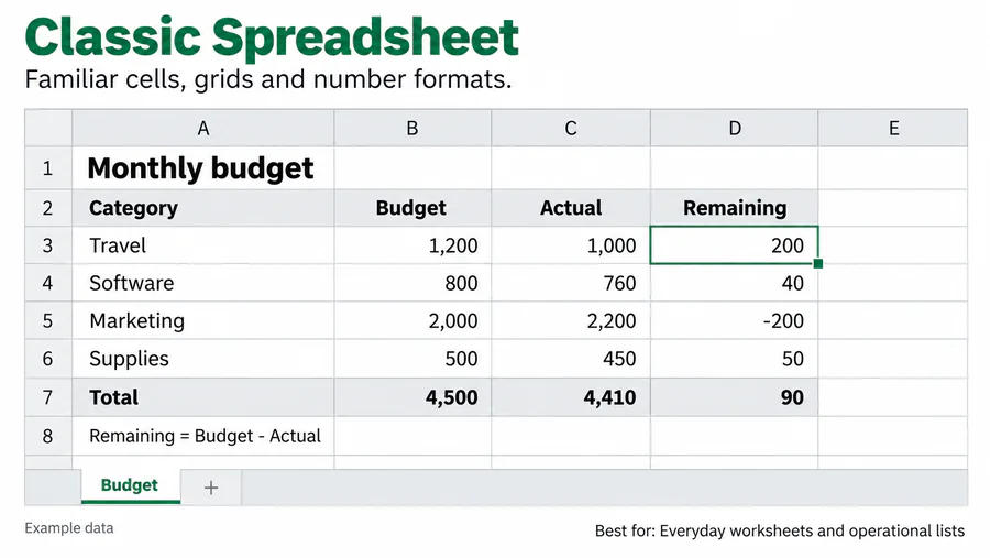 Classic Spreadsheet spreadsheet design reference with example worksheet content.