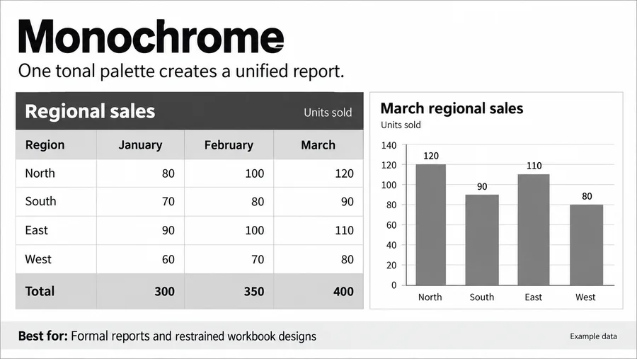 Monochrome spreadsheet design reference with example worksheet content.