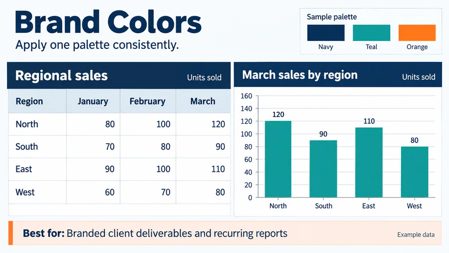 Brand Colors spreadsheet design reference with example worksheet content.
