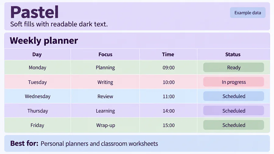 Pastel spreadsheet design reference with example worksheet content.