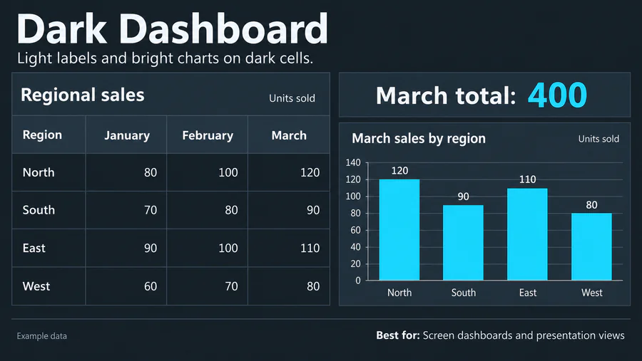 Dark Dashboard spreadsheet design reference with example worksheet content.