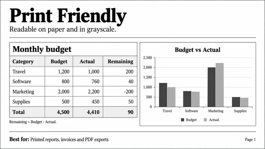 Print Friendly spreadsheet design reference with example worksheet content.