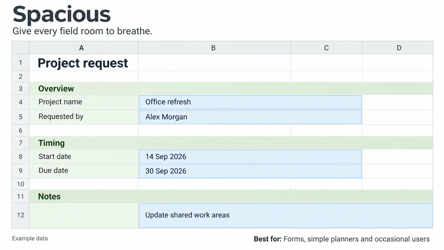 Spacious spreadsheet design reference with example worksheet content.