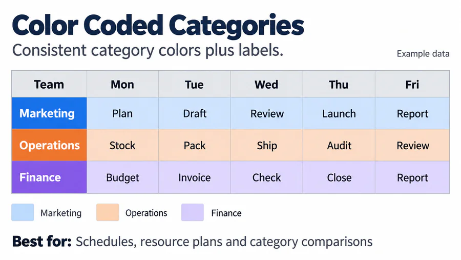 Color Coded Categories spreadsheet design reference with example worksheet content.