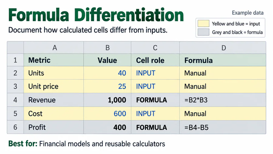 Formula Differentiation spreadsheet design reference with example worksheet content.