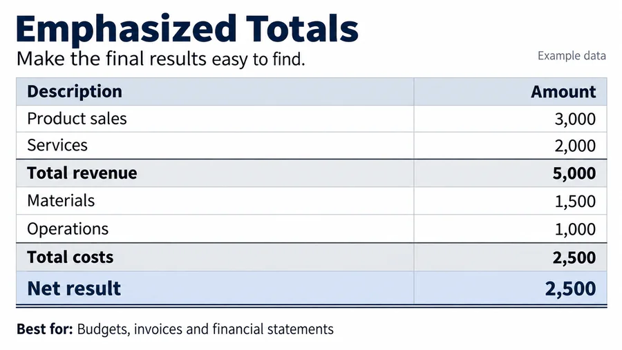 Emphasized Totals spreadsheet design reference with example worksheet content.