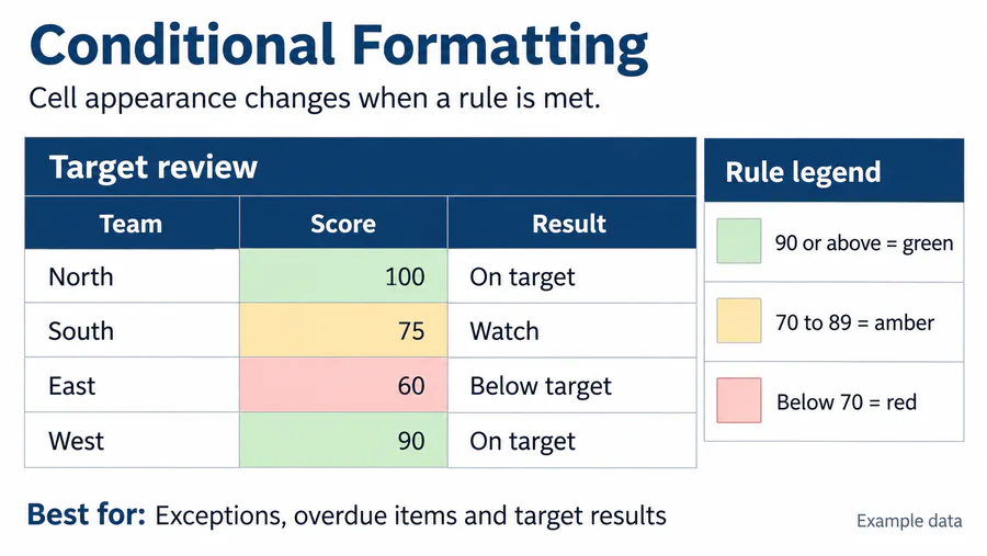 Conditional Formatting spreadsheet design reference with example worksheet content.