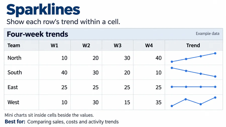 Sparklines spreadsheet design reference with example worksheet content.