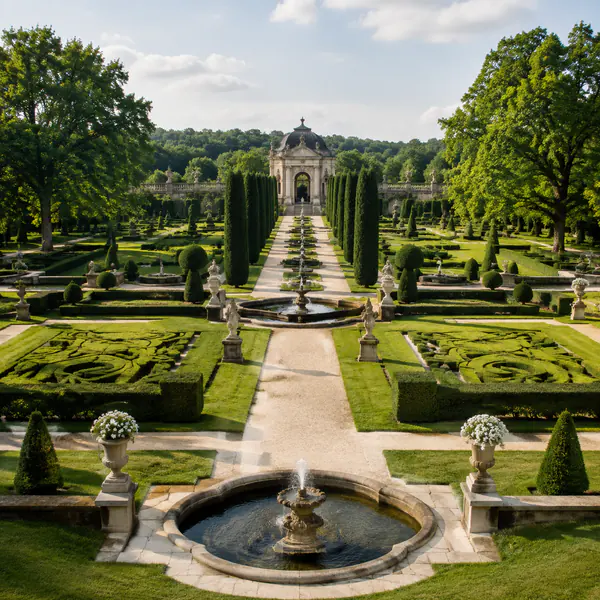 Formal Garden — Uses symmetry, axes, clipped planting, geometric beds, and controlled views to create an ordered landscape