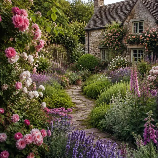 English Cottage Garden — Layers flowering perennials, herbs, shrubs, and informal paths for a dense, relaxed appearance