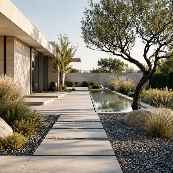 Modern Minimalist Garden — Uses simple geometry, limited materials, controlled planting, and generous open space