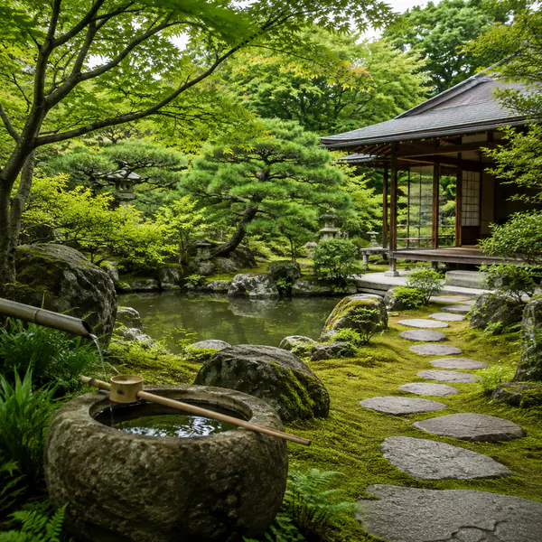 Japanese Garden — Balances stone, water, moss, carefully shaped plants, and framed views to create calm spatial sequences