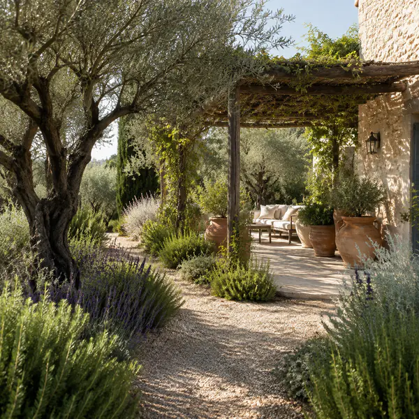 Mediterranean Garden — Uses drought-tolerant herbs, olives, gravel, terracotta, pale stone, and shaded outdoor rooms