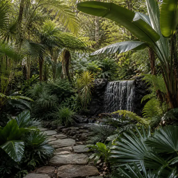 Tropical Garden — Combines large-leaf plants, palms, layered canopy, humidity-tolerant species, and dense green texture