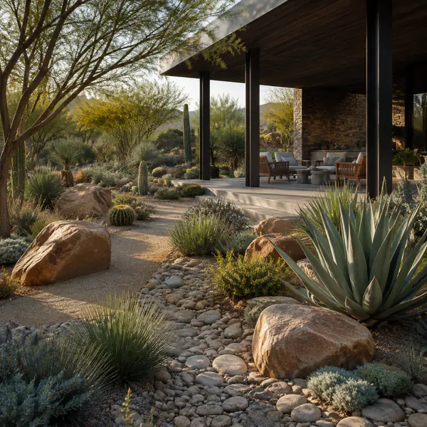 Desert Xeriscape — Reduces irrigation through drought-tolerant plants, gravel, stone, and water-efficient soil design
